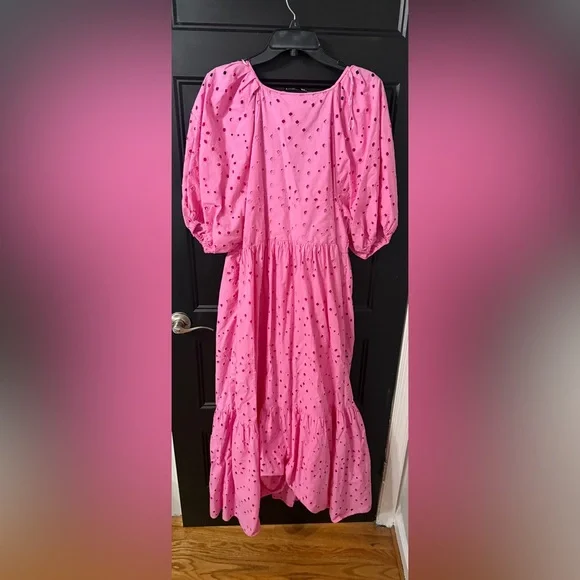 Zara Hot Pink Eyelet Maxi Dress with Puff Sleeves - Picture 2 of 3